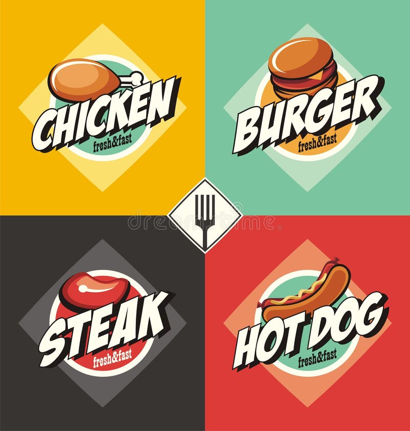 Hamburguesa, filete, perrito caliente y muestras y banderas del pollo frito libre illustration