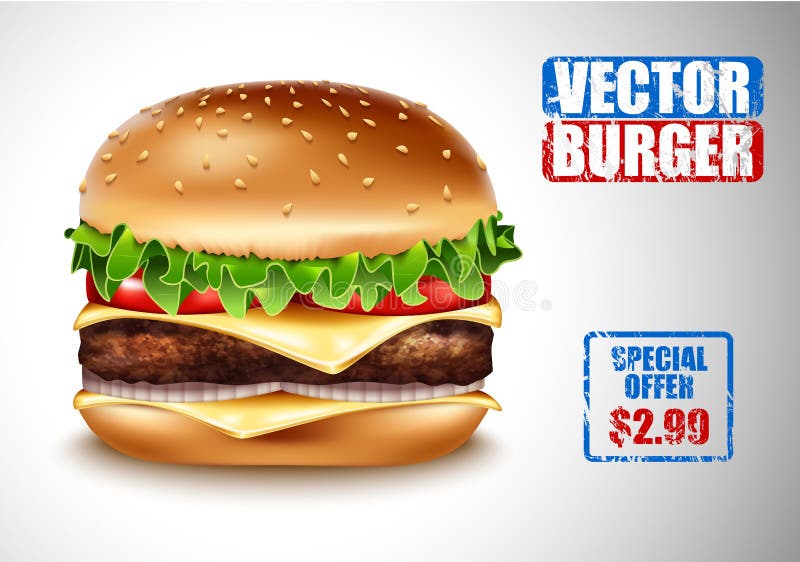 Hamburguesa realista del vector Cheeseburger americano de la hamburguesa clásica con carne de vaca del queso de la cebolla del to