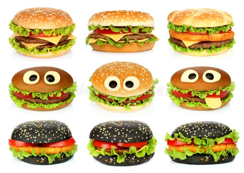 Hamburguesas grandes fijadas en el fondo blanco fotos de archivo Hamburguesas grandes fijadas en el fondo blanco fotos de archivo