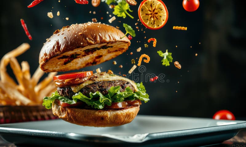 Hambúrguer delicioso com ingredientes frescos a explodir ilustração royalty free