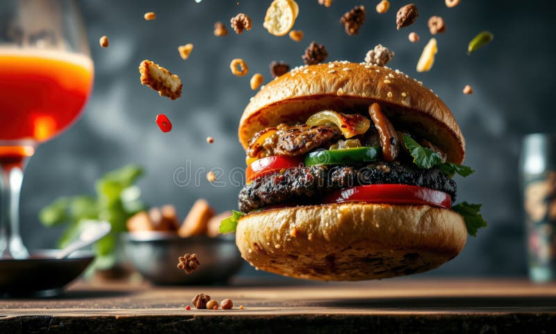 Hambúrguer delicioso com ingredientes frescos a explodir ilustração do vetor