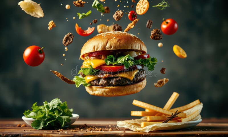 Hambúrguer delicioso com ingredientes frescos a explodir ilustração stock