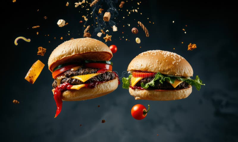 Hambúrguer delicioso com ingredientes frescos a explodir ilustração royalty free