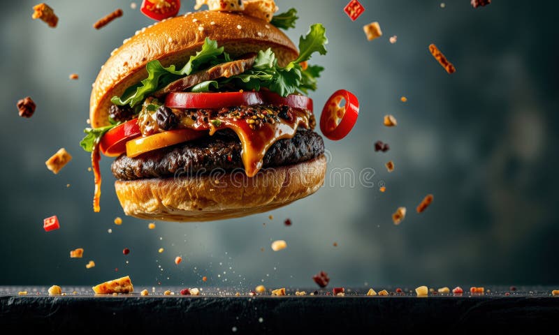 Hambúrguer delicioso com ingredientes frescos a explodir ilustração stock