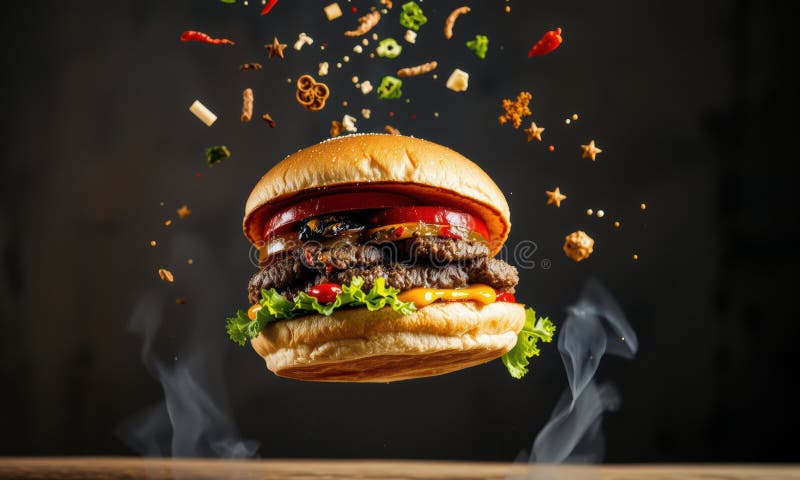 Hambúrguer delicioso com ingredientes frescos a explodir ilustração royalty free