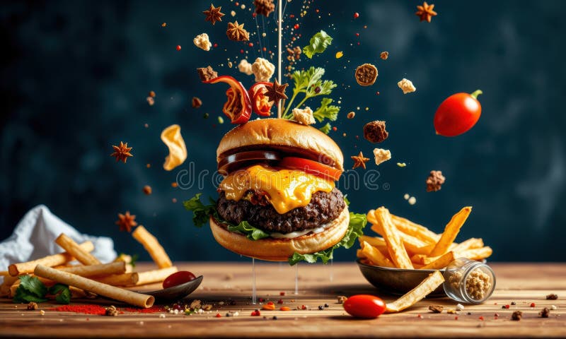 Hambúrguer delicioso com ingredientes frescos a explodir ilustração stock