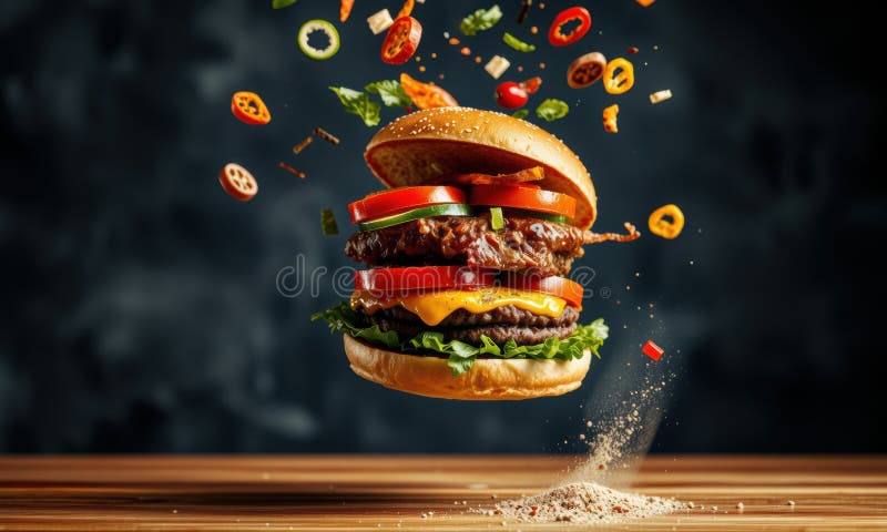 Hambúrguer delicioso com ingredientes frescos a explodir ilustração royalty free