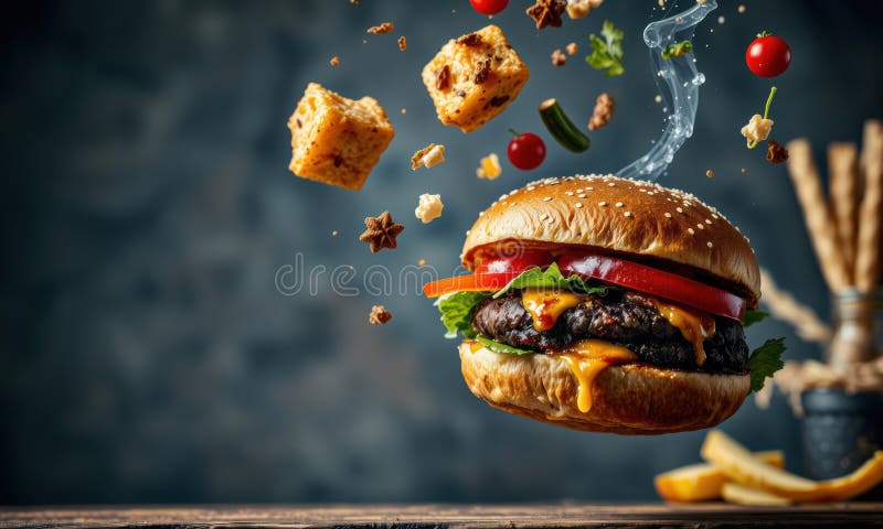 Hambúrguer delicioso com ingredientes frescos a explodir ilustração stock