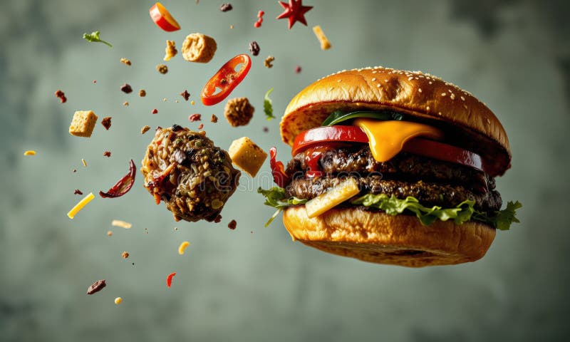 Hambúrguer delicioso com ingredientes frescos a explodir ilustração do vetor
