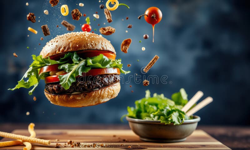 Hambúrguer delicioso com ingredientes frescos a explodir ilustração do vetor