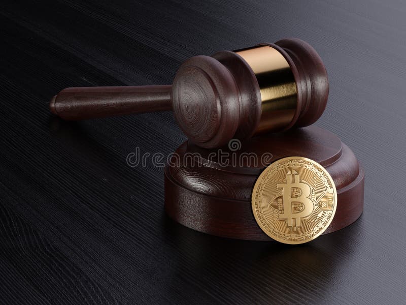 Hamer en bitcoin cryptocurrency gouden muntstuk vector illustratie