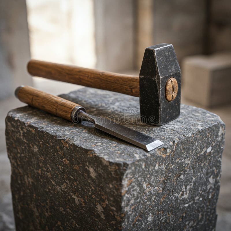 Hammer and chisel resting on a large stone block. The hammer has a dark, solid head vector illustration