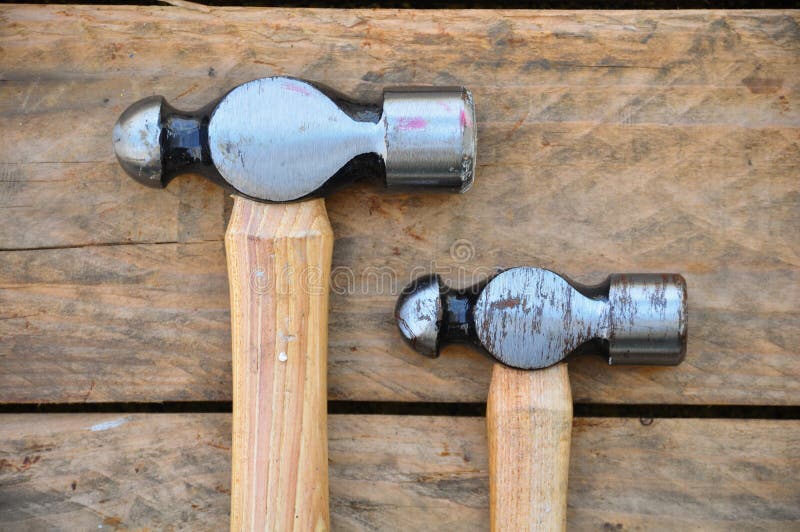 Hammer Set Of Hand Tools Or Basic Tools On Wooden Background Stock