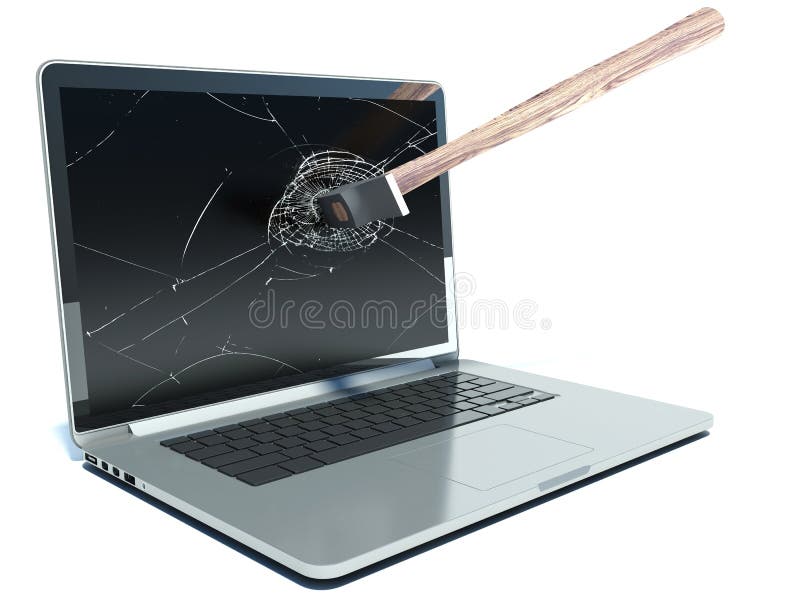 Hammer smashes laptop on a white background royalty free illustration