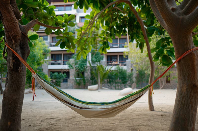 Hammock bunden mellan två hotellbyggnader med träd i bakgrunden. Hammock som är bunden mellan två trädhotellbyggnader i bakgrunden som skapats med generativ ai som genererats