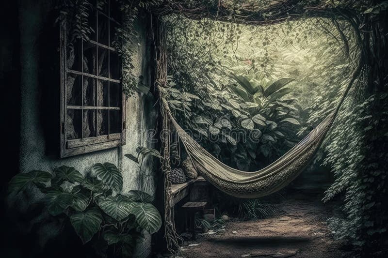 A Hammock in a Quiet Corner of a Garden without People. Generative AI