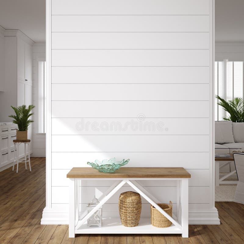 Hampton style living room interior, wall mockup, 3d render