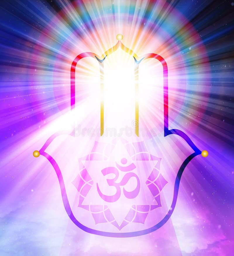 Hamsa mano di dio om symbol guida spirituale angelo della luce e dell'amore facendo un miracolo sull'energia dell'arcobaleno del c