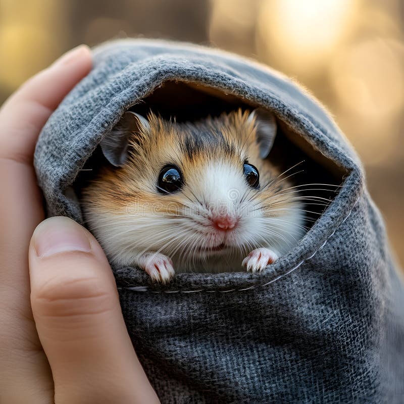 Hamster adorabil ascuns în buzunarul gri al țesăturii Close Up Pet Photo AI generat. vector illustration