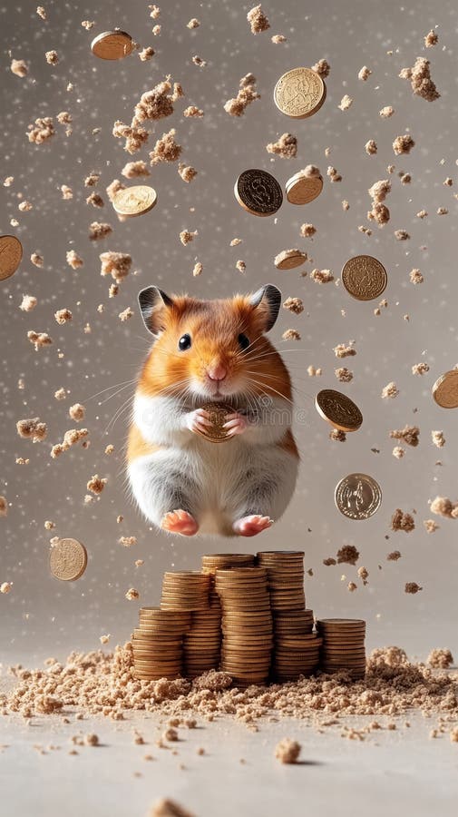Hamster adorabil care sare peste stivele de monede de aur cu fărâme strălucitoare și monede zburătoare pe fond neutru de culoare b royalty free illustration