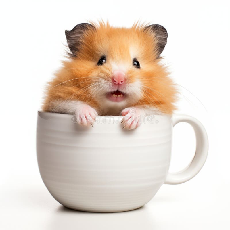 Hamster adorabil care trage cu ochiul dintr-o cană albă pe fond alb royalty free illustration