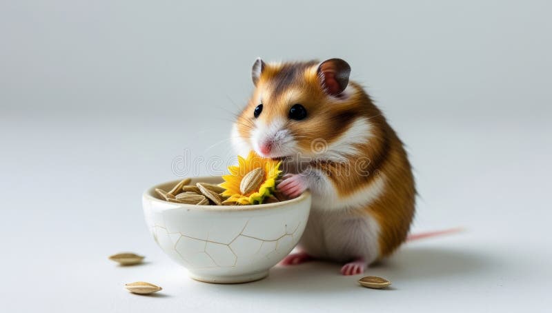 Hamster adorabil cu semințe de floarea soarelui așezat de un castron în setare luminoasă royalty free illustration