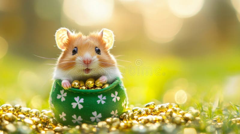 Hamster Adorabil Stând În Oală Verde Cu Aur vector illustration