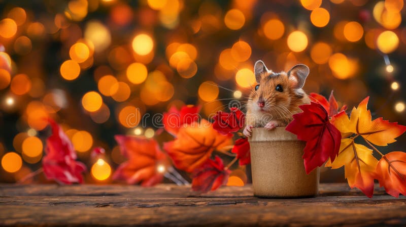 Hamster adorabil în cupă cu frunze galbene și lumini festive de fundal. banner toamnă cu spațiu pentru text royalty free illustration
