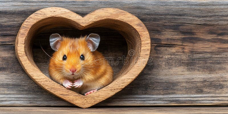 Hamster adorabil în formă de inimă de lemn pe fond de lemn rustic stock illustration