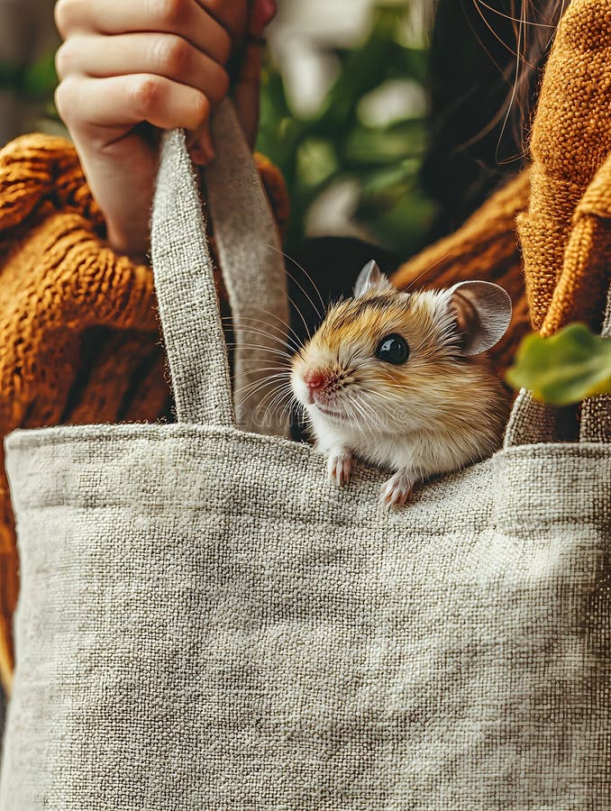 Hamster adorabil în Linen Tote Bag Held by Woman in Cozy Autumn Sweater AI. royalty free illustration