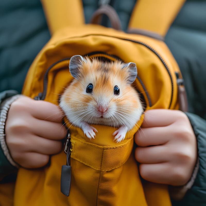 Hamster adorabil în rucsac galben Buzunar drăguț Animal de companie de rozătoare Animal de companie mic AI generat. stock illustration