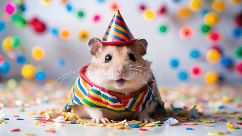 Hamster adorabil într-o pălărie de petrecere festivă și ținută colorată înconjurată de confetti și dulciuri. royalty free illustration