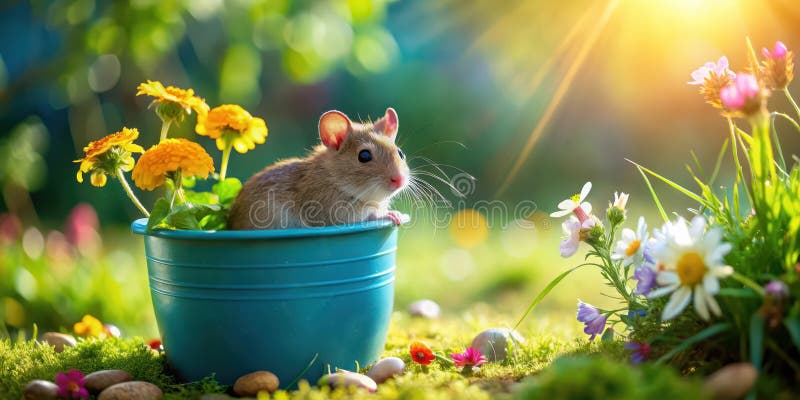 Hamster adorabil într-un vas de ceai înconjurat de flori vibrante de primăvară într-o grădină însorită. IA generativă stock illustration