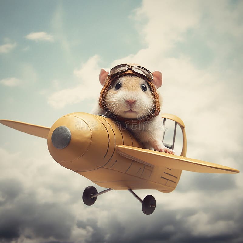 Hamster Flying in Vintage Airplane in the Sky. Stock Illustration
