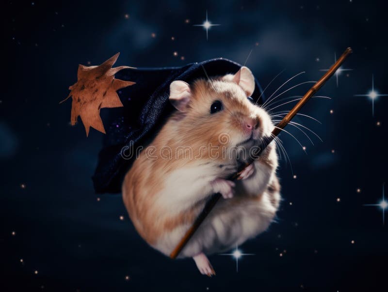 A hamster wearing a witch hat and holding a wand. Generative AI image.