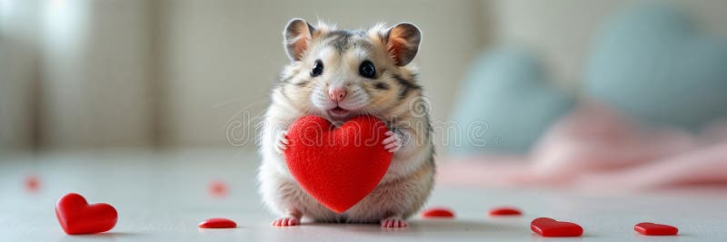 Hamsterul adorabil ține inima în sufrageria modernă stock illustration