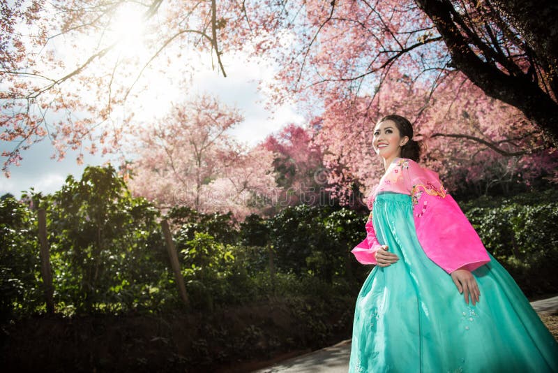 Hanbok: de traditionele Koreaanse kleding en mooie Aziatische meisjeswi royalty-vrije stock fotografie Hanbok: de traditionele Koreaanse kleding en mooie Aziatische meisjeswi royalty-vrije stock fotografie
