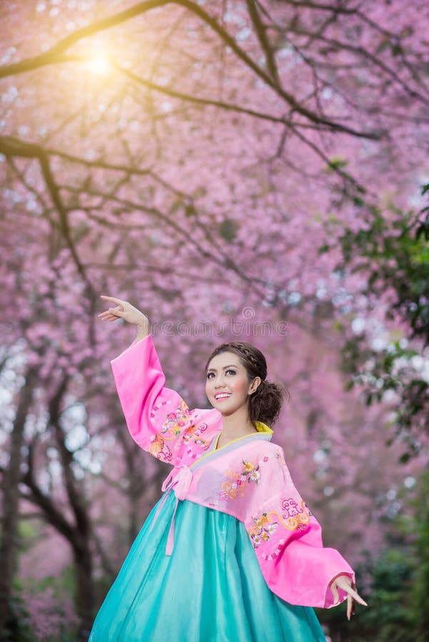 Hanbok: de traditionele Koreaanse kleding en mooie Aziatische meisjeswi stock foto Hanbok: de traditionele Koreaanse kleding en mooie Aziatische meisjeswi stock foto