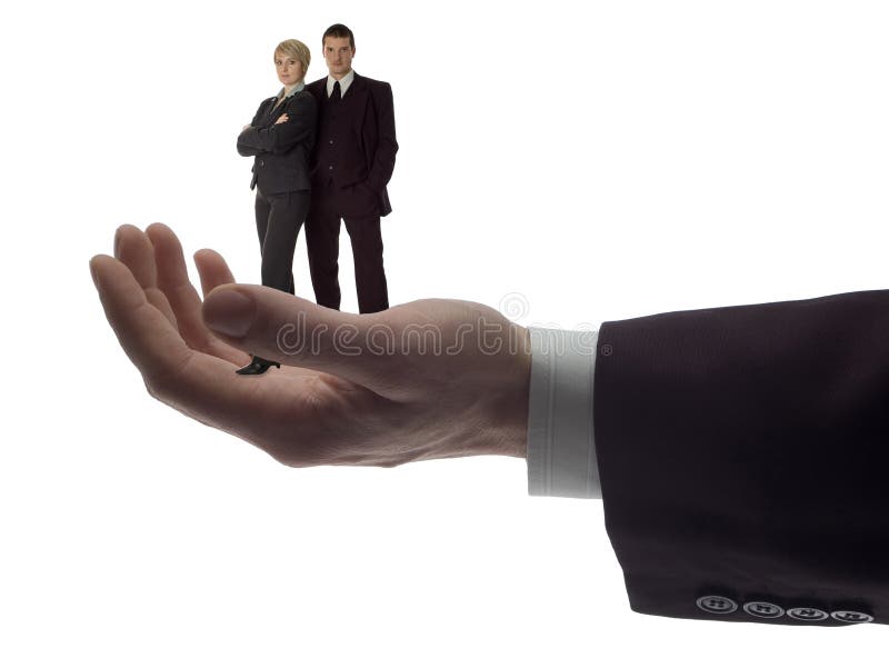 Business men holding business couple on white. Male hand holding businessman stock images, royalty-free photos and pictures