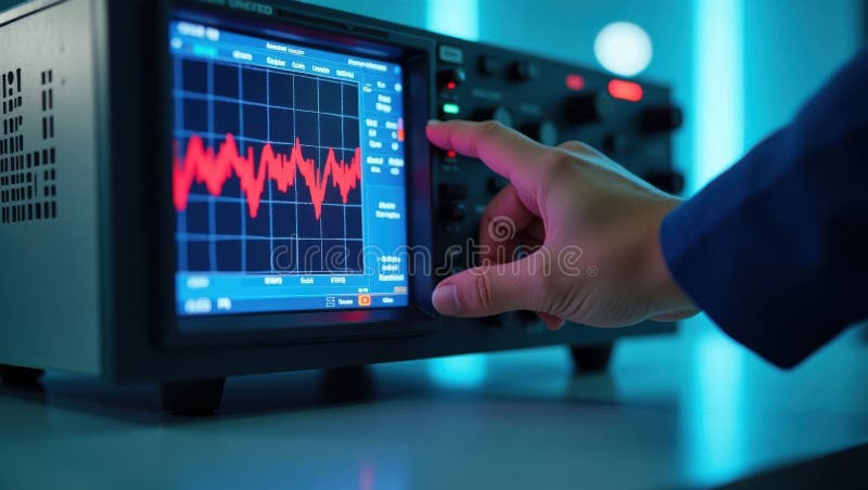 Hand Adjusting Oscilloscope with Red Waveform Display in a ...