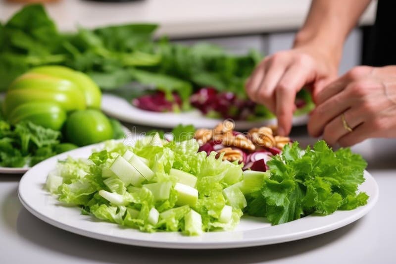 Hand Arranging Lettuce Leaves for Waldorf Salad on the Plate Stock