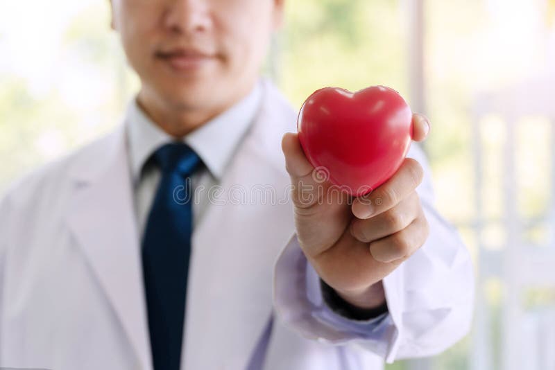 Hand Arzt Red Herz auf Naturhintergrund halten. Medizinberuf und Gesundheitswesenkonzept