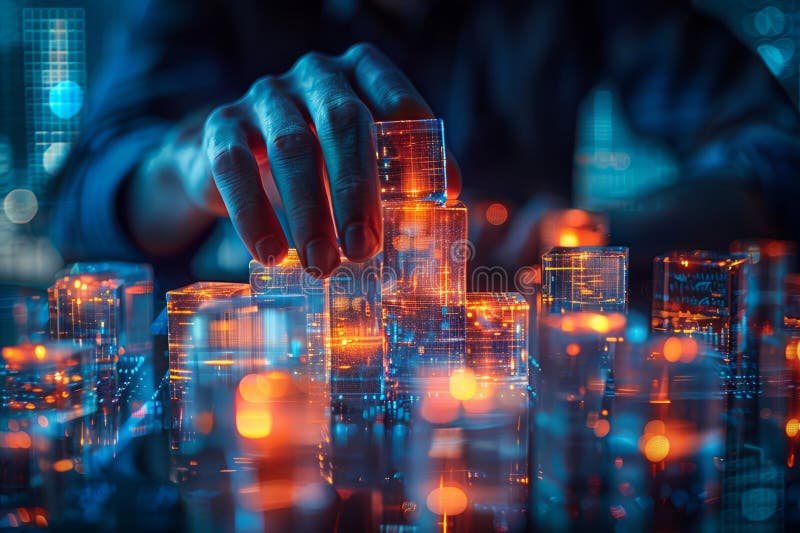 Hand assembling illuminated digital blocks into a futuristic city model in a vibrant, high-tech environment royalty free stock photo