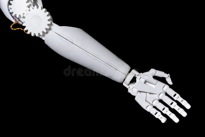 Hand av en robot av vit färg på en svart bakgrund royaltyfria foton