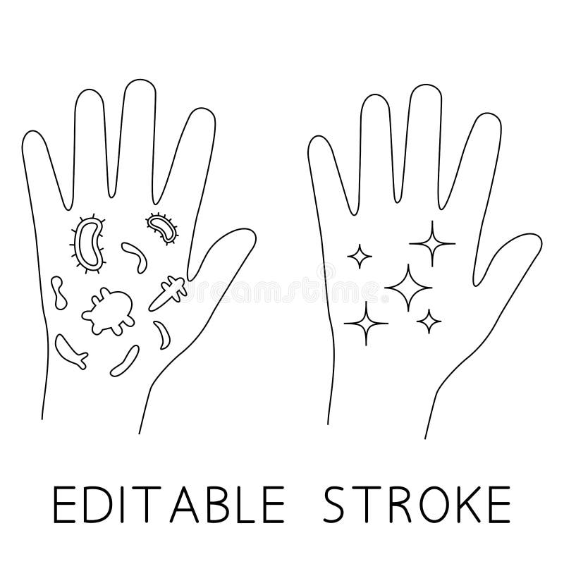 Hand with bacteria and virus. Infection spread. Dirty and clean hand. Non bacteria concept. Protecting from coronavirus. Icons for royalty free illustration