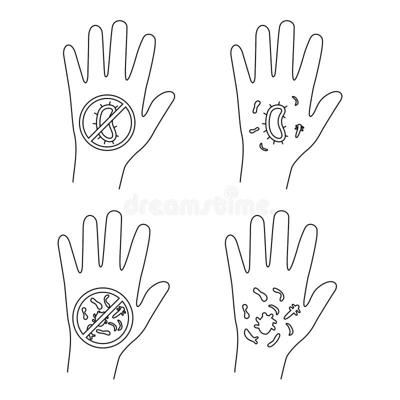 Hand with bacteria and virus. Infection spread. Germs on a dirty hand. Non bacteria concept. Protecting cover. No touch icons. vector illustration