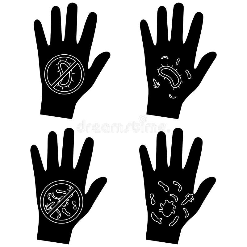 Hand with bacteria and virus. Infection spread. Germs on a dirty hand. Non bacteria concept. Protecting cover. No touch icons. royalty free illustration