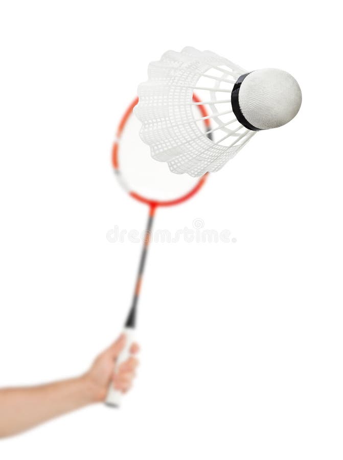 Hand with badminton racket and shuttlecock