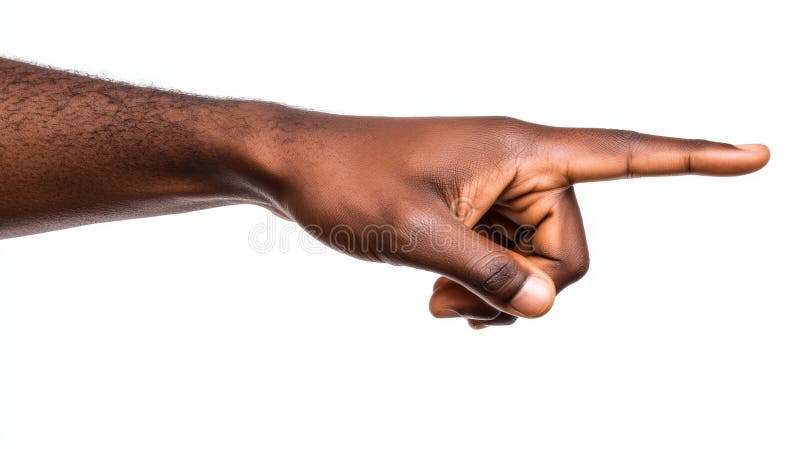 Hand of a black male pointing or touching something on a transparent background stock photo
