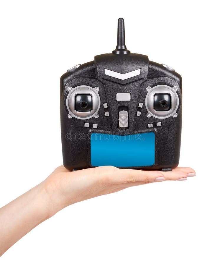 Hand with Black Remote Control for Drone, RC with Antenna Stock Photo